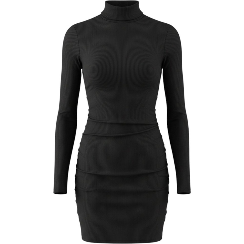 Venus Black Ribbed Knit Turtleneck Bodycon Mini Dress Long Sleeve Ruched Small